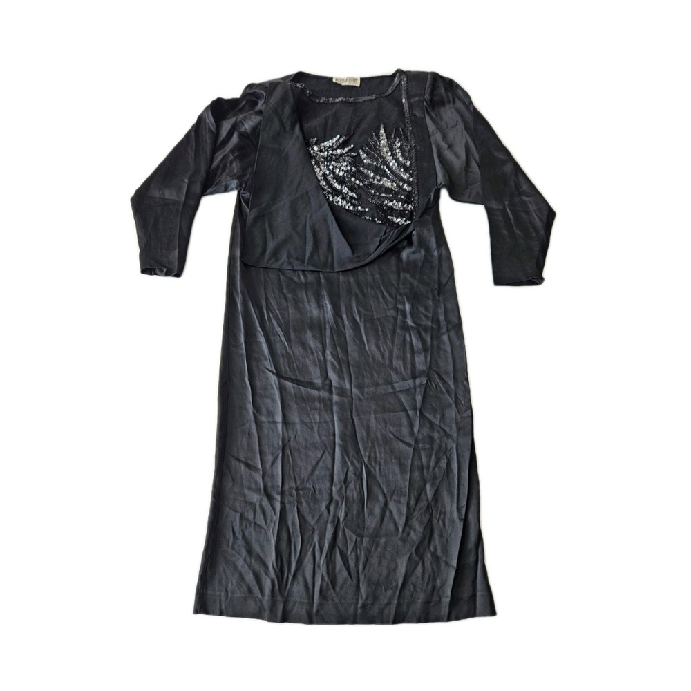 Vtg Blue Night by Mimmina Black Sequin Beaded Mesh Panel Wiggle Party Dress S